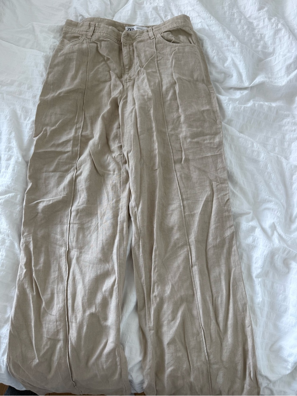 Zara Beige Wide-Leg Linen-Blend Pants